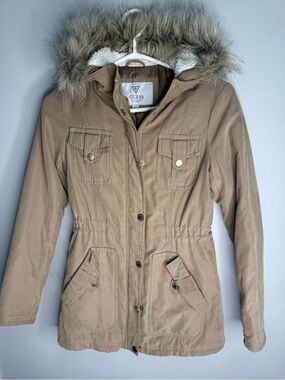 Guess Women's Tan Faux-Fur Hooded Utility Jacket XS
